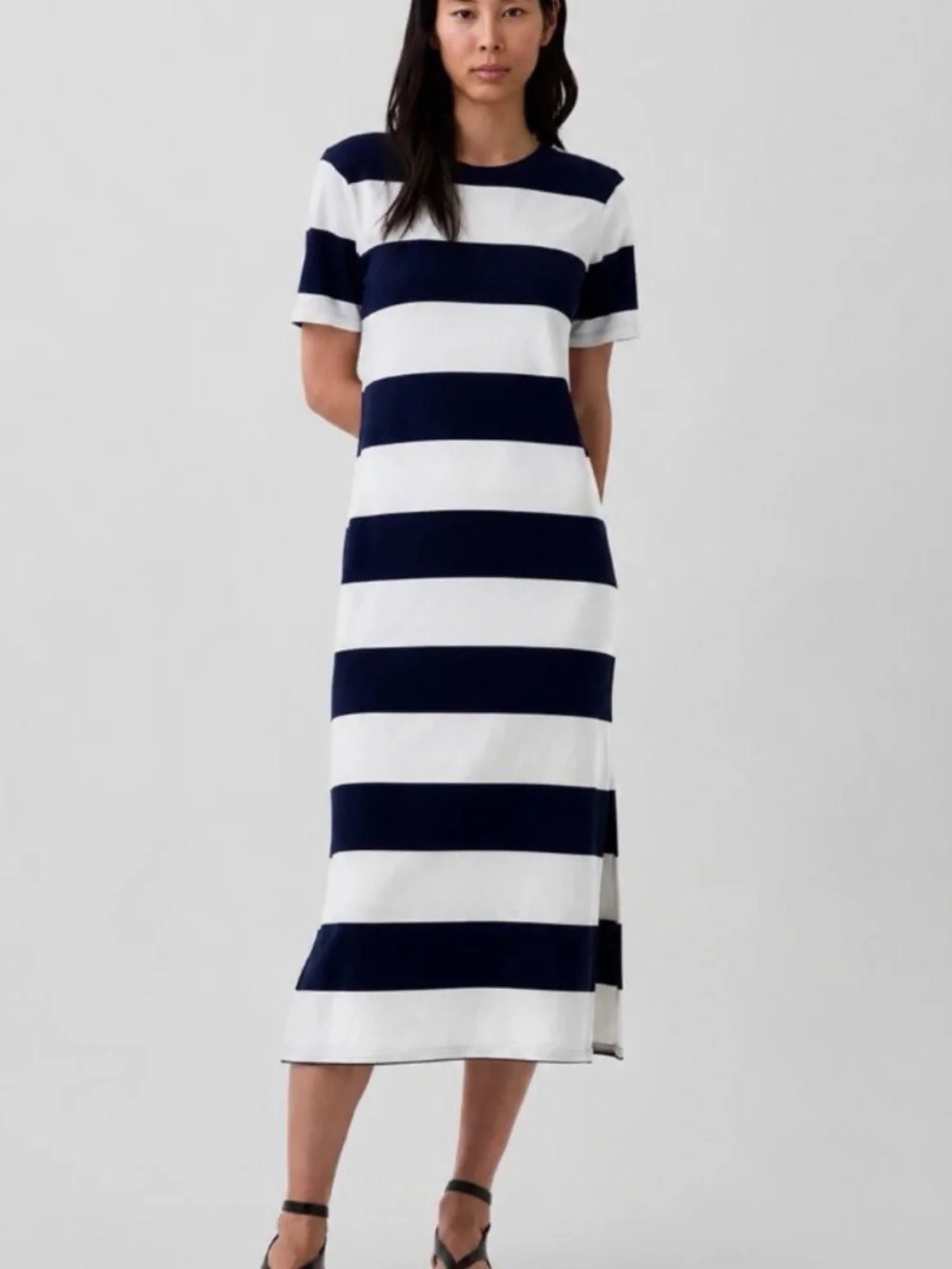 J.Crew Midi-T-shirt dress. Blue and white stripes.